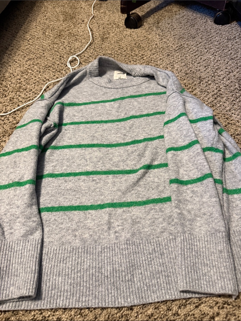 aerie Gray Crewneck Sweater with Green Stripes